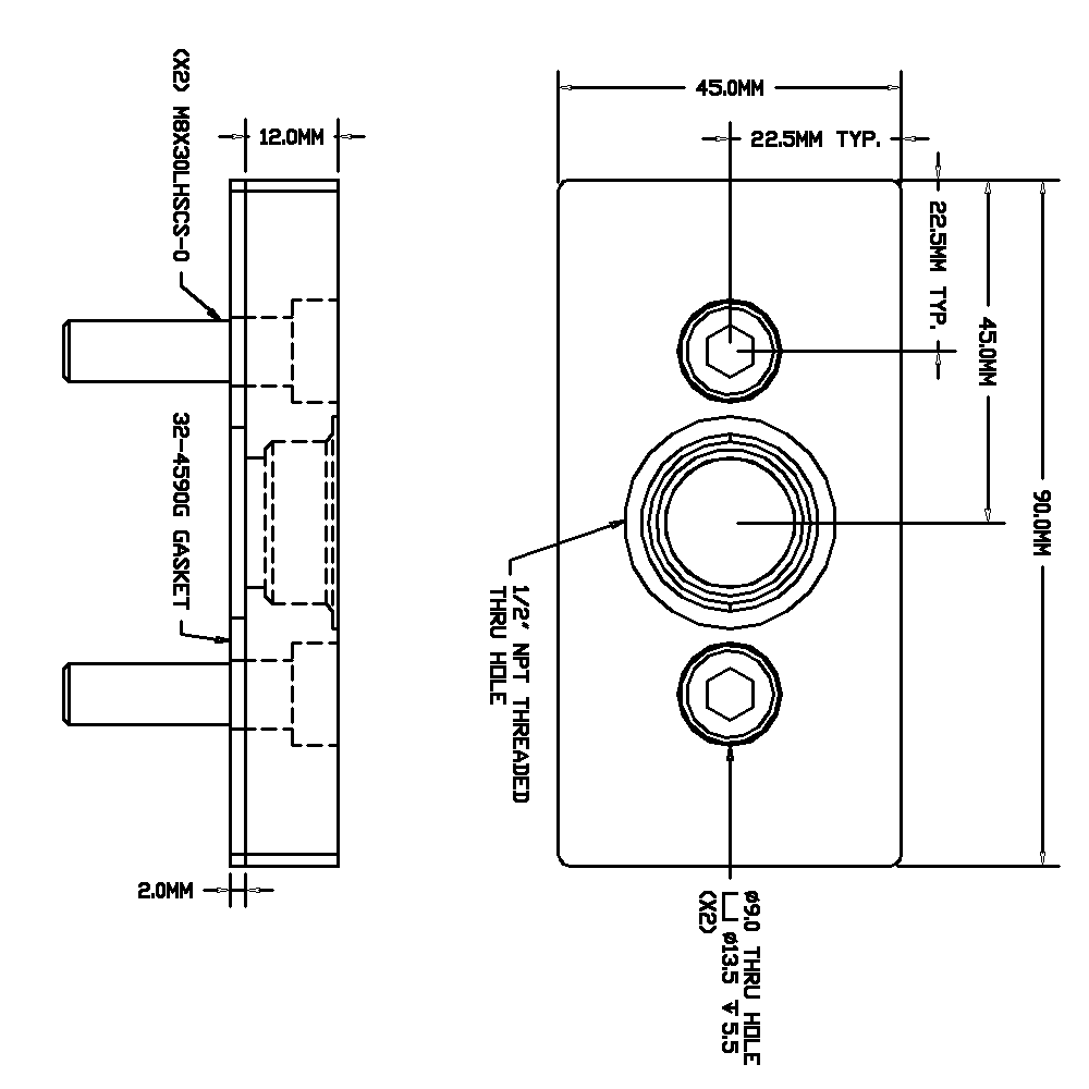 32-459012N-1 MODULAR SOLUTIONS PNEUMATIC PLATE 45MM X 90MM WITH GASKET 1/2 NPT THREADED CENTER THRU HOLE